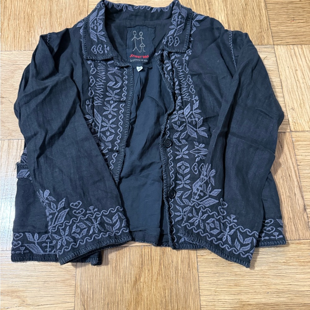 Johnny Was Black Jacket Shirt Gray Embroidery